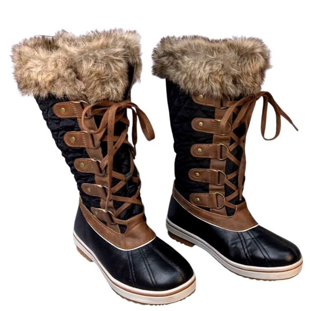 ALEADER~Waterproof Mid-Calf Winter Boots ~ Quilted Black‎ Shaft/Faux Fur~Size 6